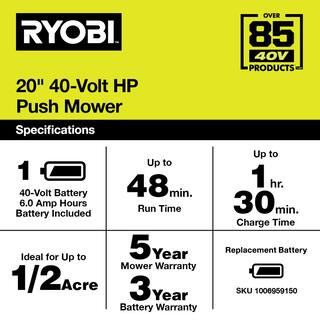 RYOBI 40V HP Brushless 20 in. Cordless Battery Walk Behind Push Mower with 6.0 Ah Battery and Charger RY401170