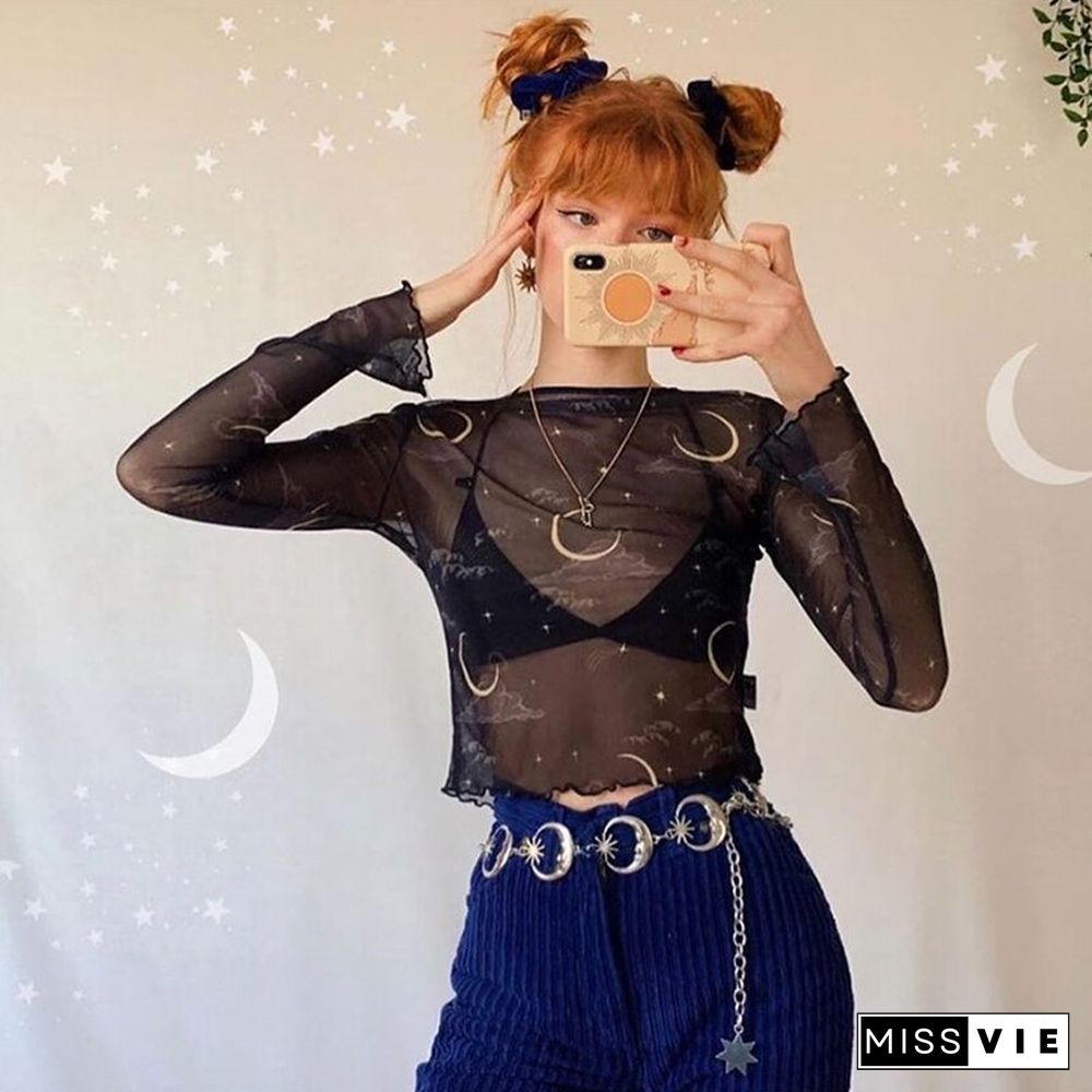 Weekeep Sheer Mesh Sexy Long Sleeve Women'S T-Shirts Summer Fashion Sun Moon Print Ins Vintage O-Neck Crop Tops