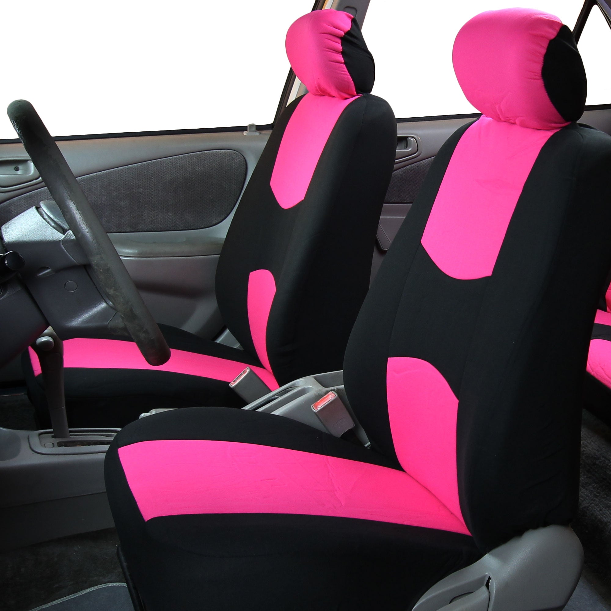 FH Group Cloth Solid Bench Seat Cover， Full Set with Gray Heavy Duty Floor Mats， Pink Black