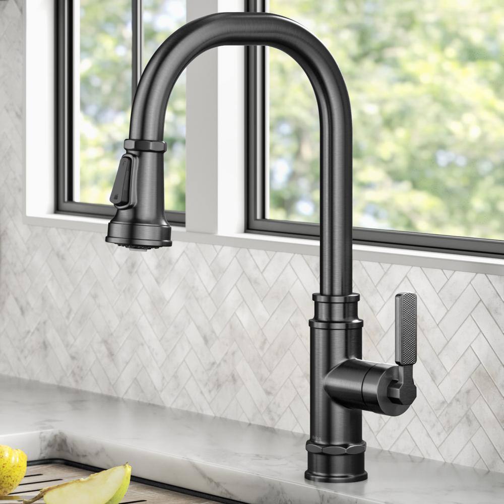 KRAUS Allyn Transitional Industrial Pull-Down Single Handle Kitchen Faucet in Spot-Free Black Stainless Steel KPF-4101SFSB