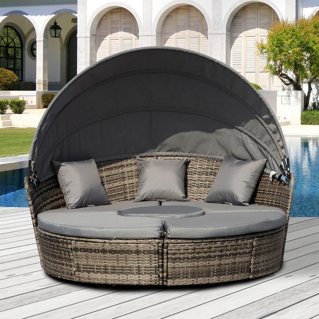 Outsunny Round Daybed 4 Pieces Cushioned Outdoor Rattan Wicker Sunbed Or Conversational Sofa Set With Sun Canopy Gray