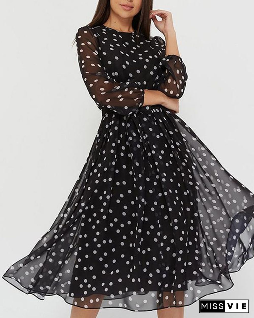 Elegant Chiffon Floral/Dot Print Long Sleeve Spring Women Dresses