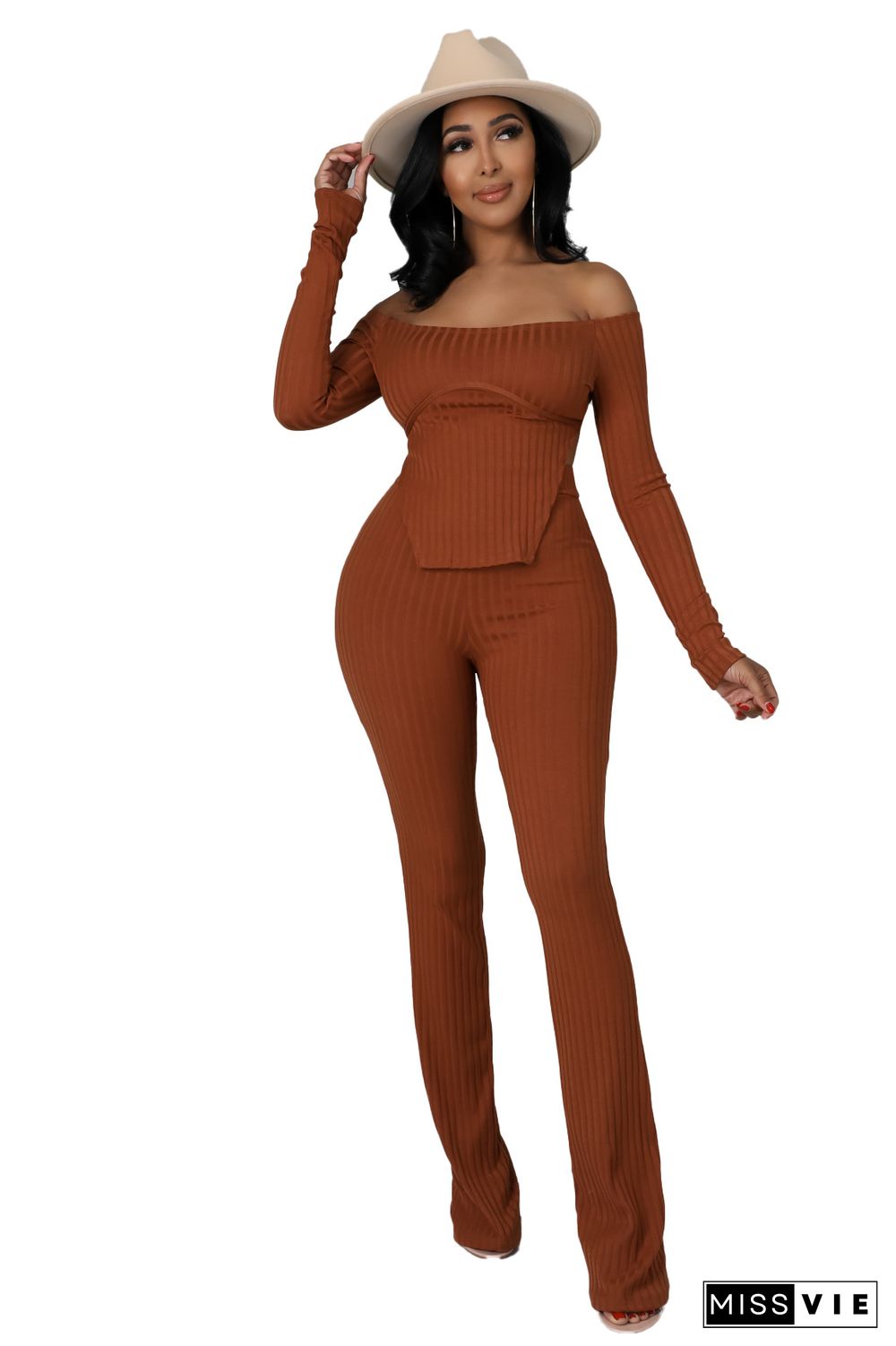 Off Shoulder Long Sleeve Top Flared Pants Set