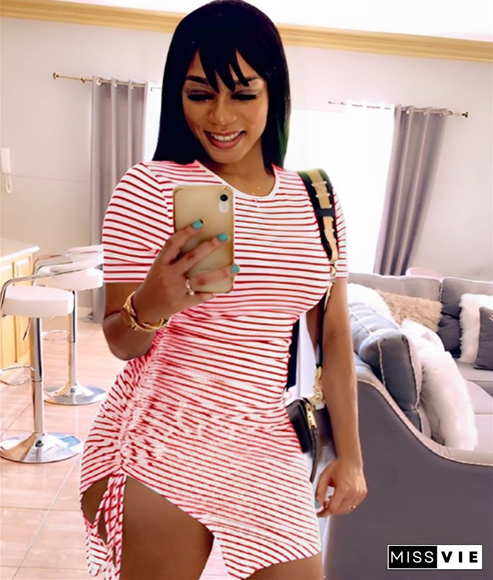 Striped Print Short Sleeve Side Slit Drawstring Dresses