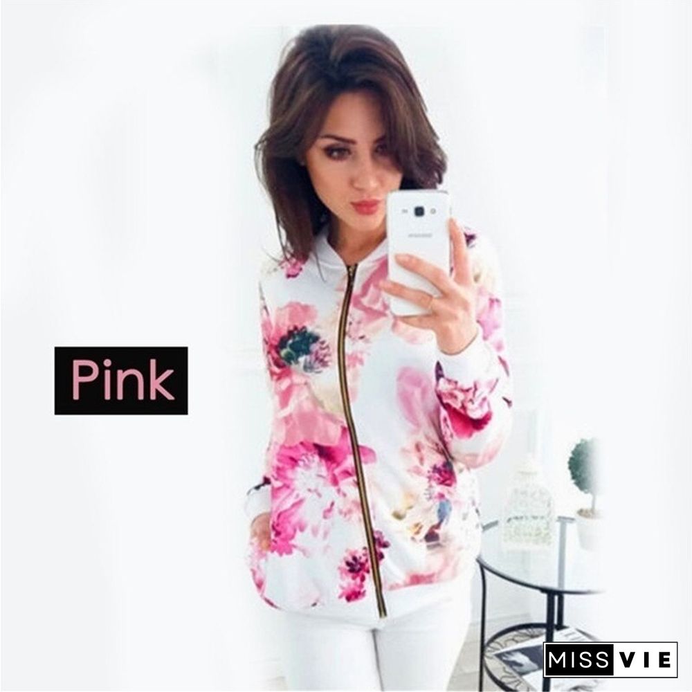 Women Jackets Retro Floral Printed Ladies Zipper Up Bomber Outwear Spring Long Sleeve Short Thin Slim Casual Pocket Biker Coats