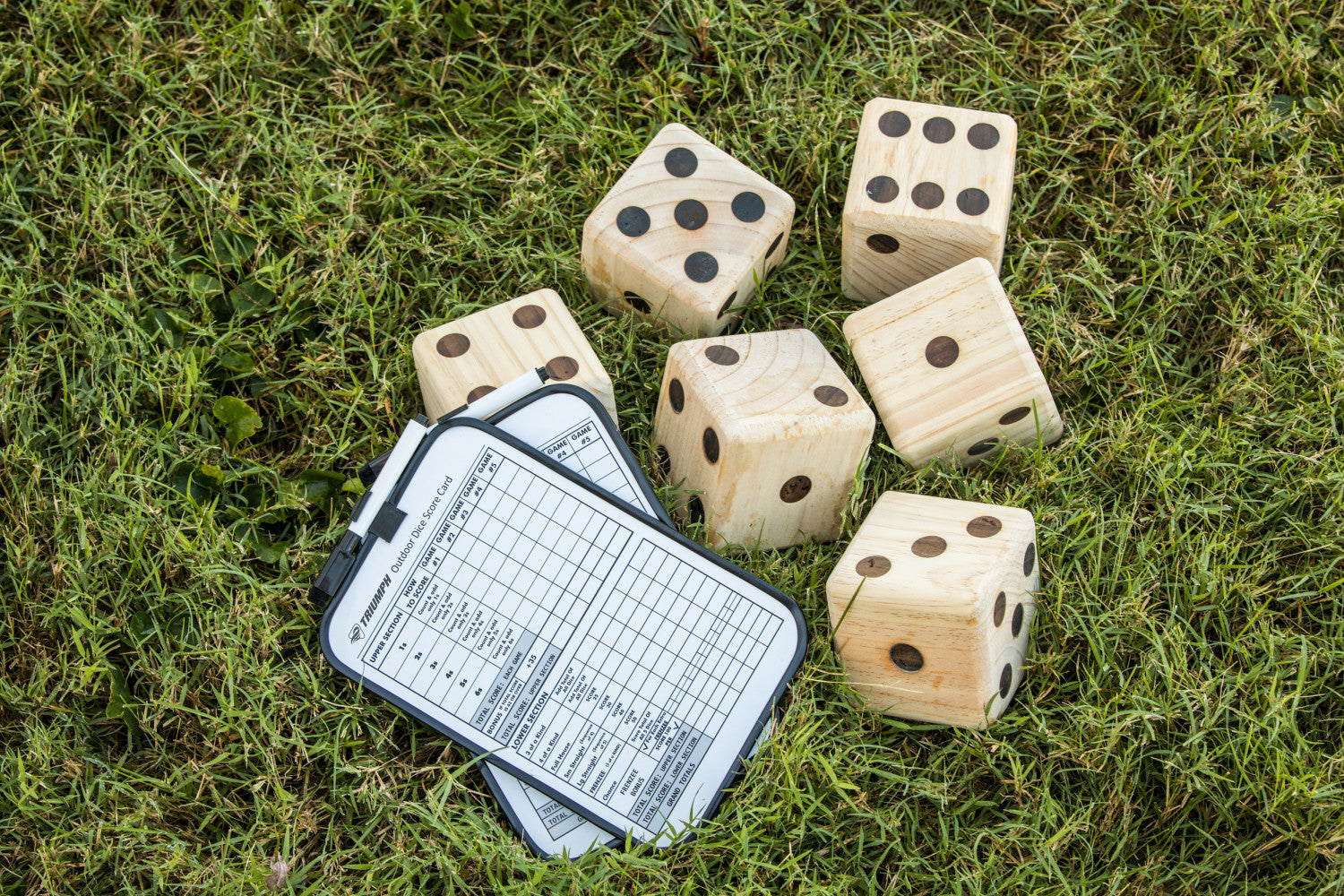 Triumph Big Roller Six Large Wooden Lawn Dice Set for Outdoor Use with Included Dry-Erase Scorecards， Markers， and Carry Bag