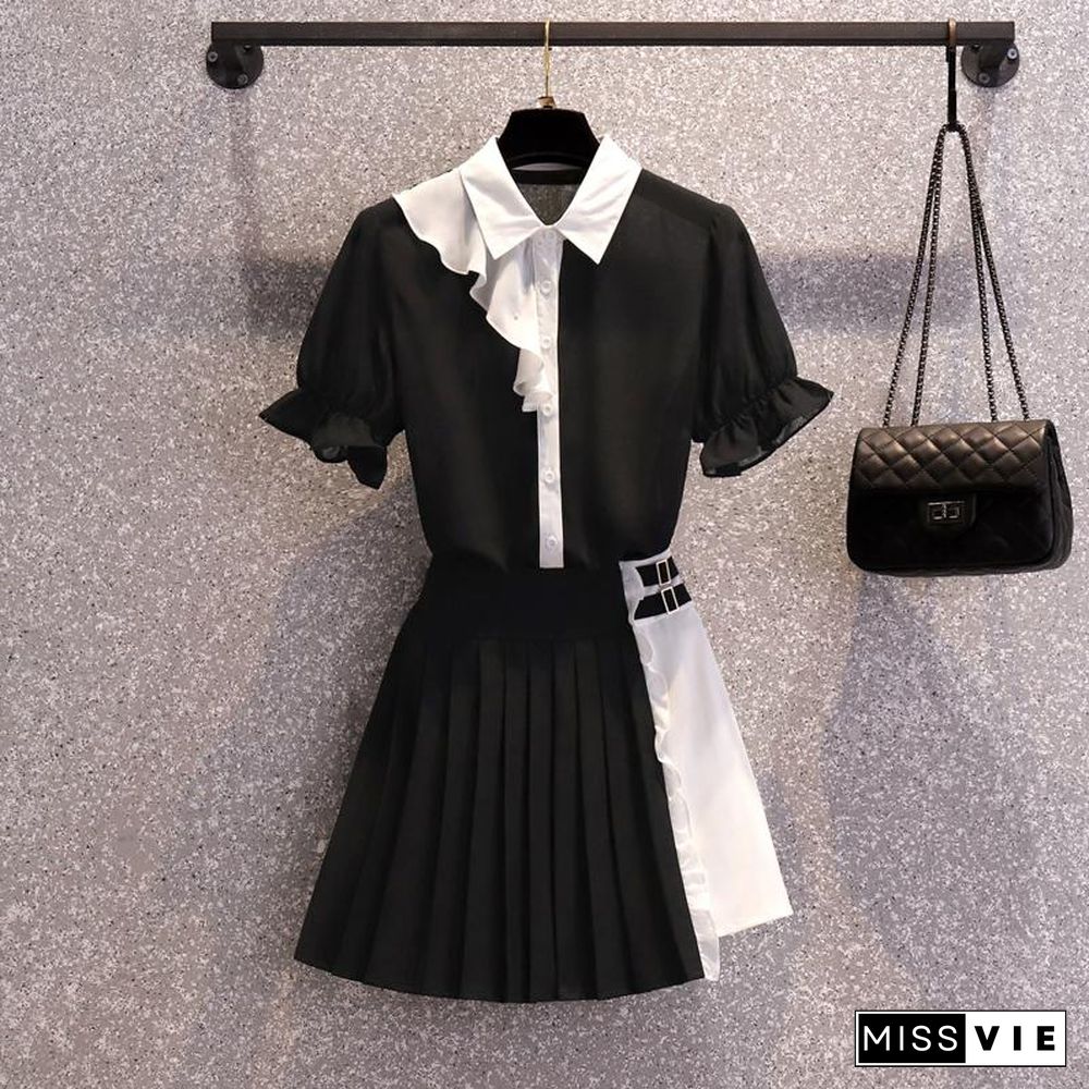 Fashion Ruffle Tee+Colorblock Skirt P11685