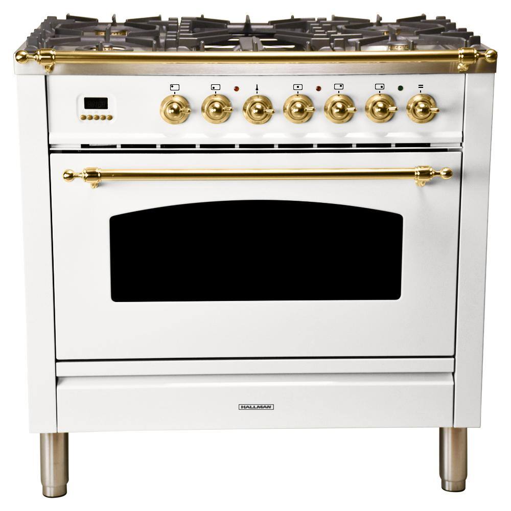 Hallman 36 in. 3.55 cu. ft. Single Oven Dual Fuel Italian Range True Convection 5 Burners Griddle LP Gas Brass Trim in White HDFR36BSWTLP