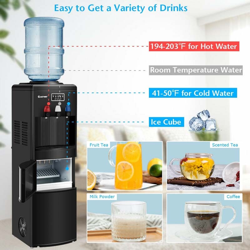 2-in-1 Top Loading Water Dispenser Built-In Ice Maker, 27LBS/24H Ice Machine with Child Safety Lock