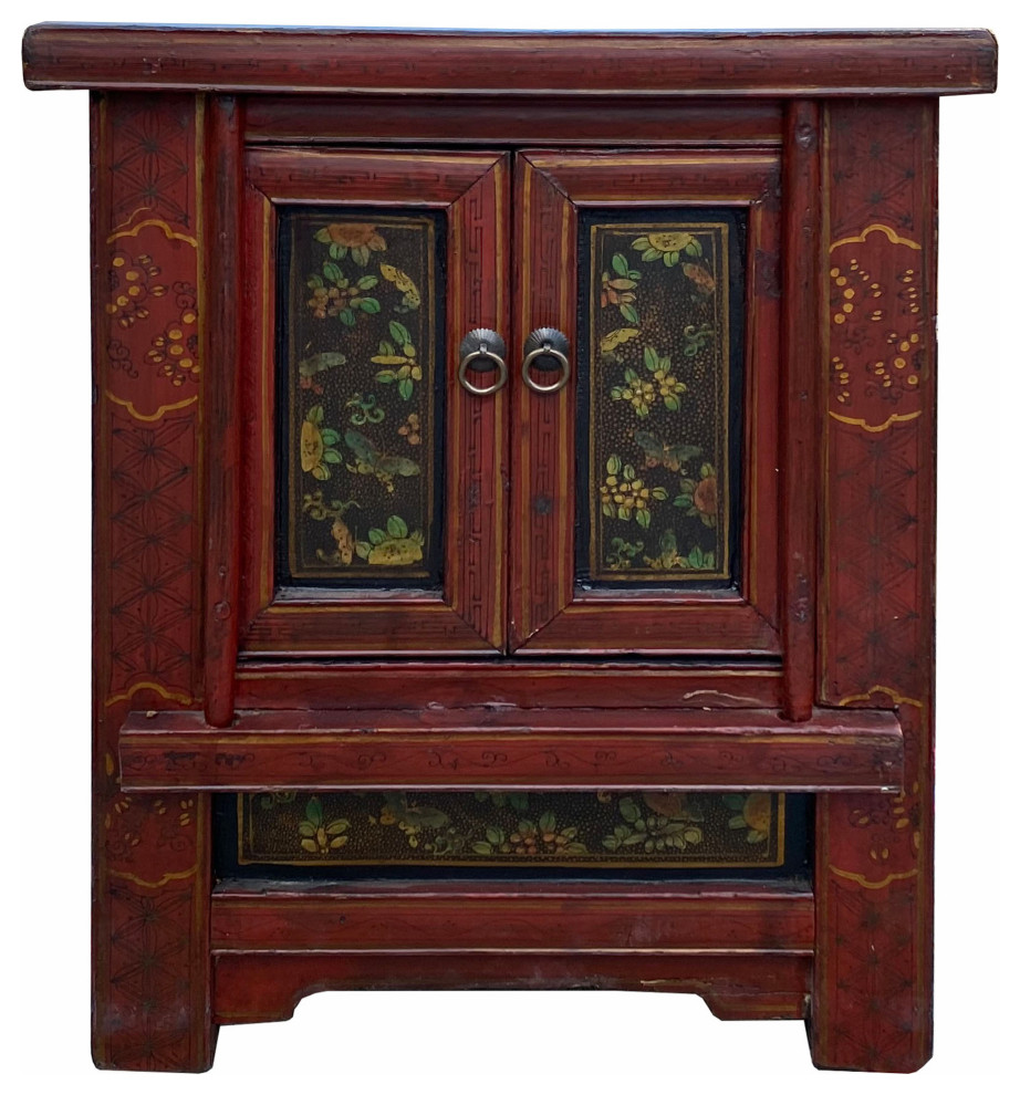 Chinese Vintage Brick Red Flower Graphic End Table Nightstand Hcs7070   Asian   Side Tables And End Tables   by Golden Lotus Antiques  Houzz