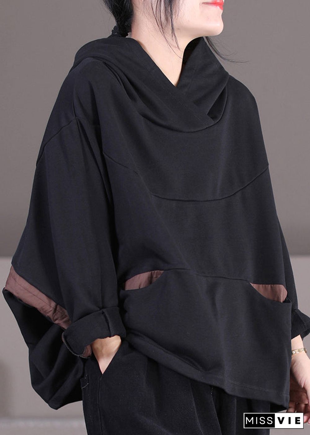 Modern Black Patchwork Drawstring Cotton Hooded Coat Long Sleeve