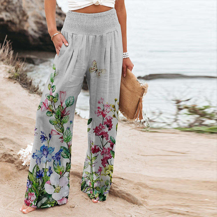 Elastic Printing High Waist Casual Wide Leg Pants With Pockets