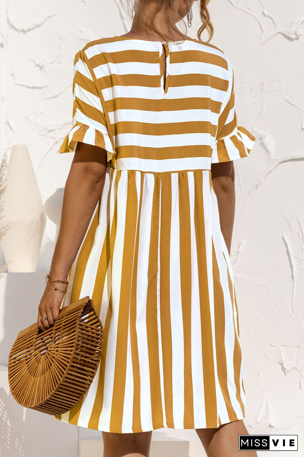 Fashion Casual Striped Split Joint O Neck A Line Dresses