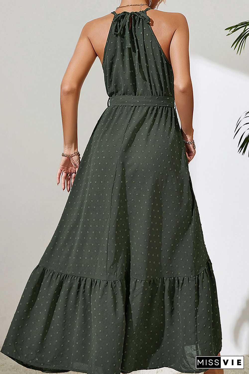 Dark Green Swiss Dot Halter Sleeveless Maxi Dress