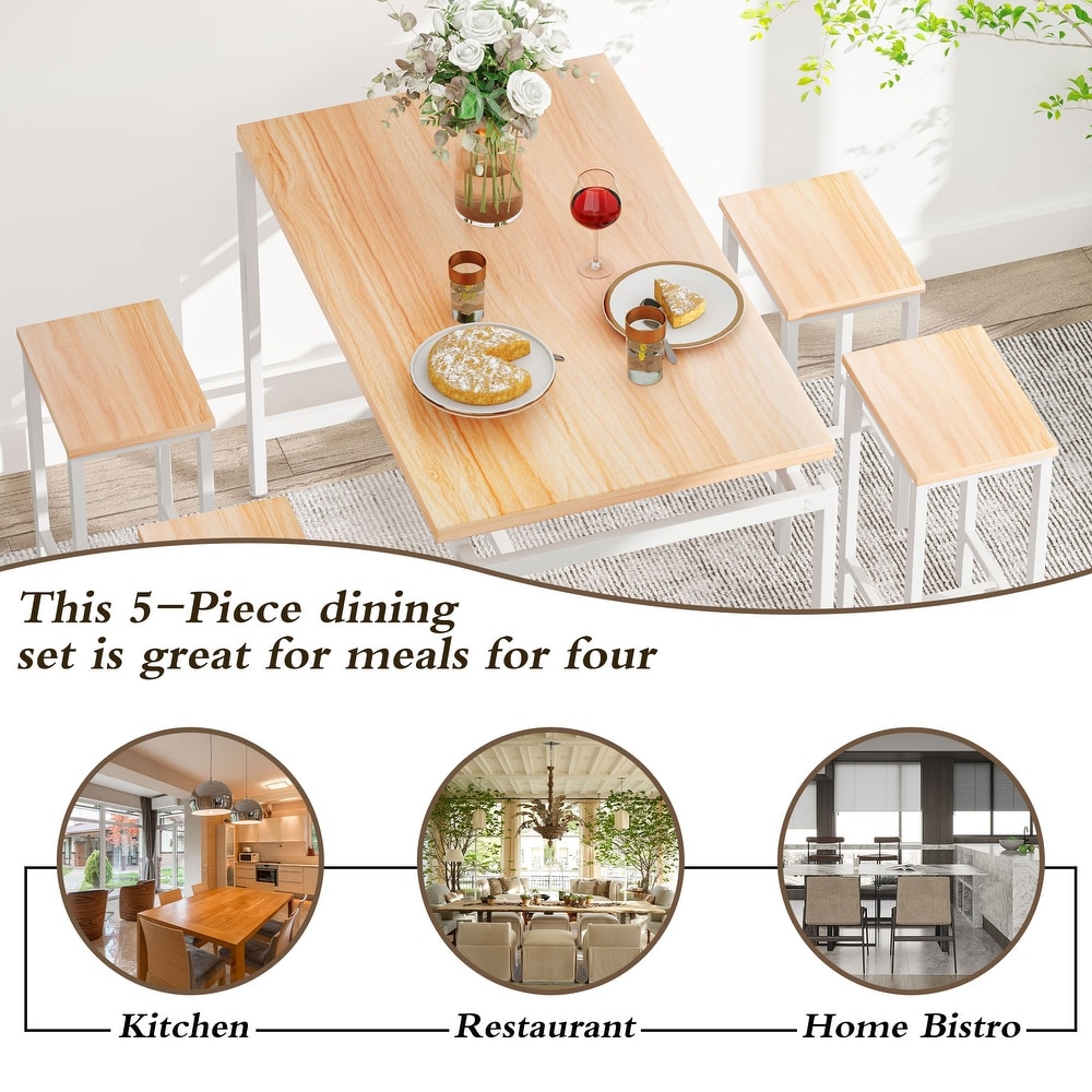 Mieres Minimalist Industrial Style Wooden Top 5 Pieces Dining Table Set with Four Stools for Ktichen and Dining Room