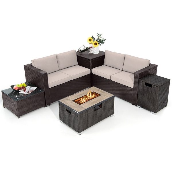 Gymax 6 Piece Patio Sofa and Fire Table Set Outdoor Rattan Sectional