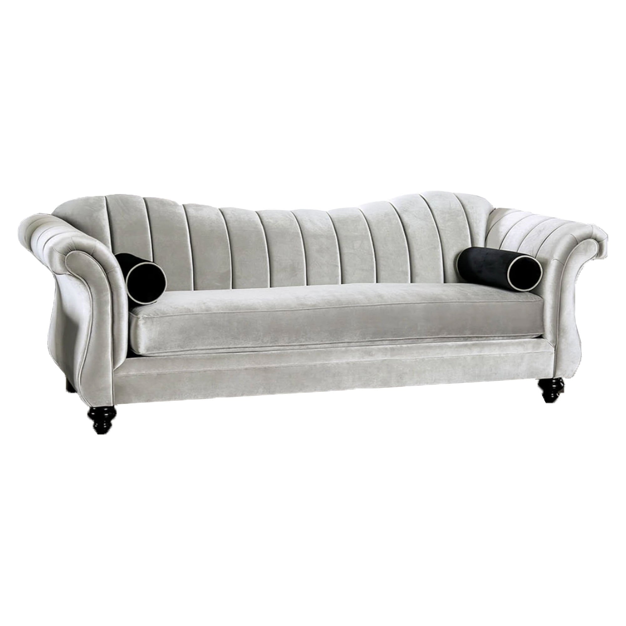 Wooden Sofa with Single Seat Cushion and Rolled Arms, Silver