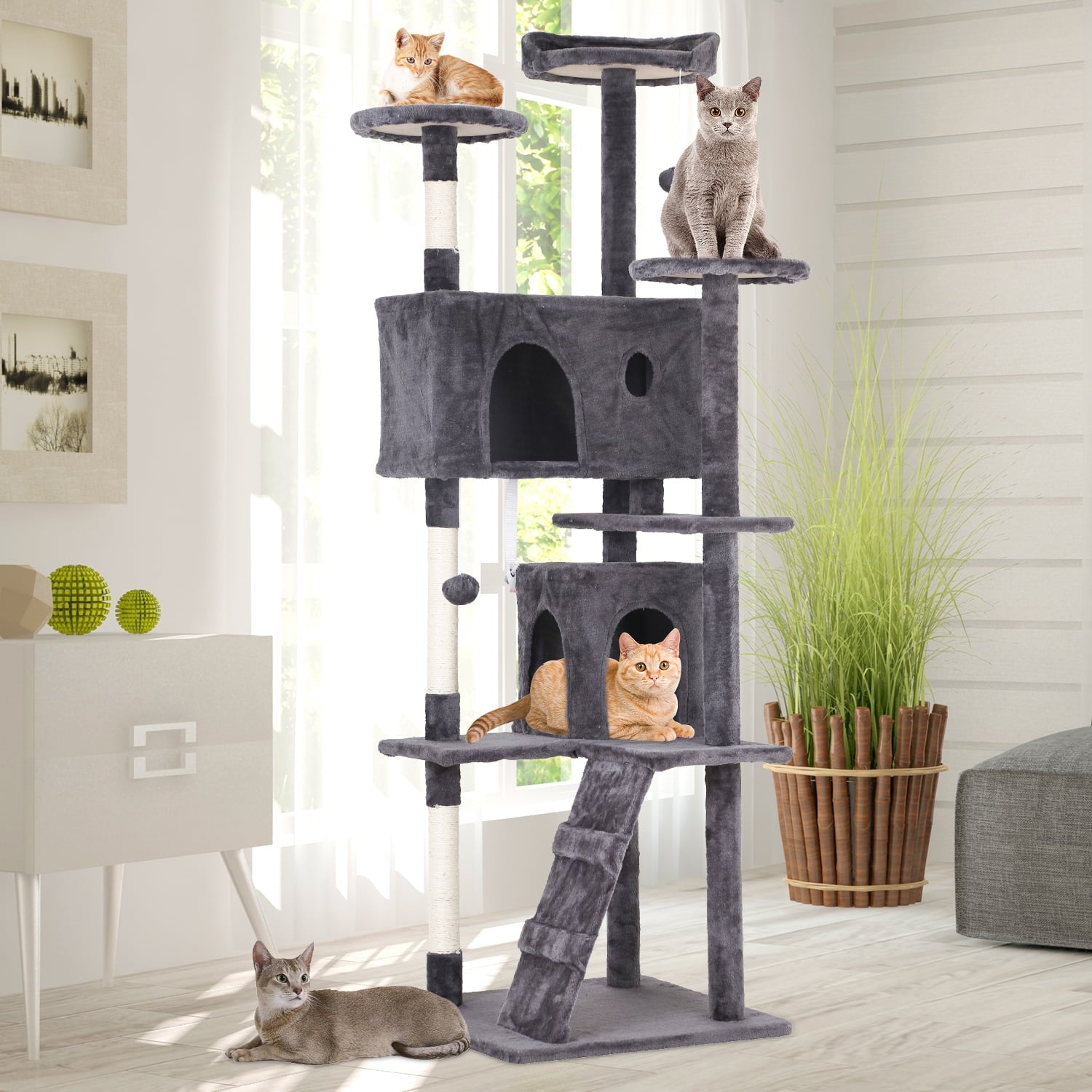 NiamVelo 54-in Cat Tree Tower Furniture Cat Condo with Scratching Post for Indoor Cats， Gray