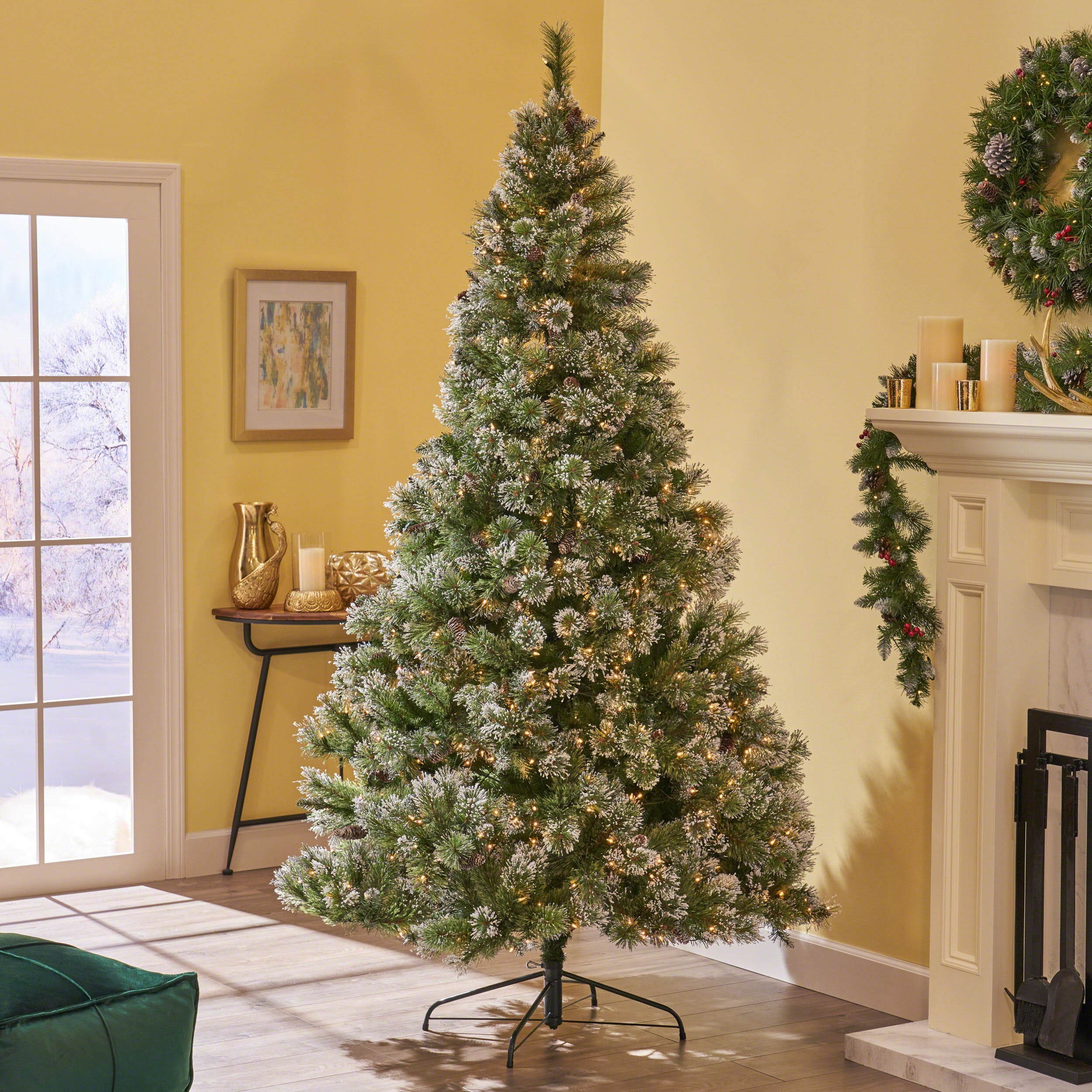 7-foot Cashmere Pine and Mixed Needles Hinged Artificial Christmas Tree with Snow and Glitter Branches and Frosted Pinecones