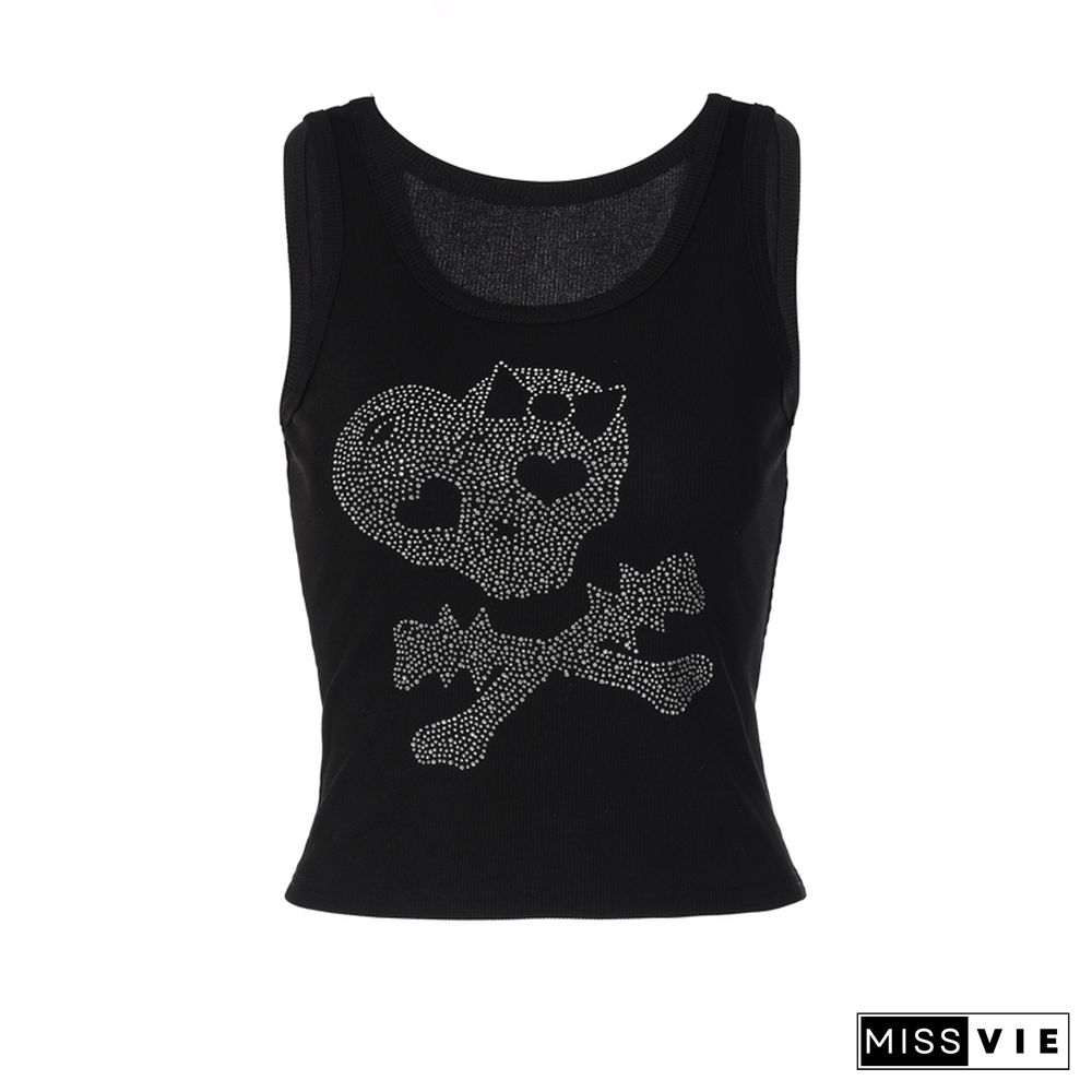 Gothic Skull Print Crop Top Knitted Sleeveless Tee Punk Style Basic T Shirt Women Casual Harajuku Summer Tops