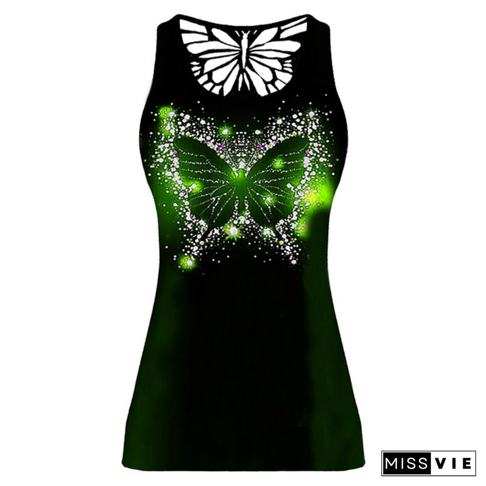 Women Fashion Butterfly 3D Print Sleeveless Shirt New Summer Back Hollow Out Vest Plus Size Tank Tops