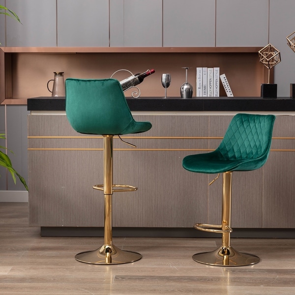 Modern Adjustable Bar Stools with Back， Set of 2， Fabric Green