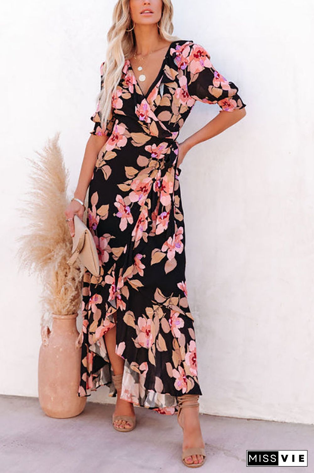 Floral Irregularity Wrap Maxi Dress