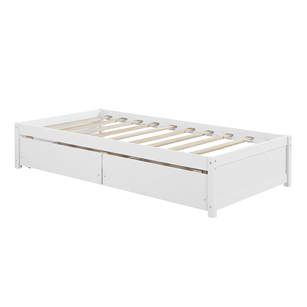 Twin Platform Bed Frame with Storage Drawers, Kids Twin Size Bed Frame No Box Spring Needed, Solid Wood Platform Beds with Two Drawers, Modern Single Bed Bedroom Furniture, White, J1159