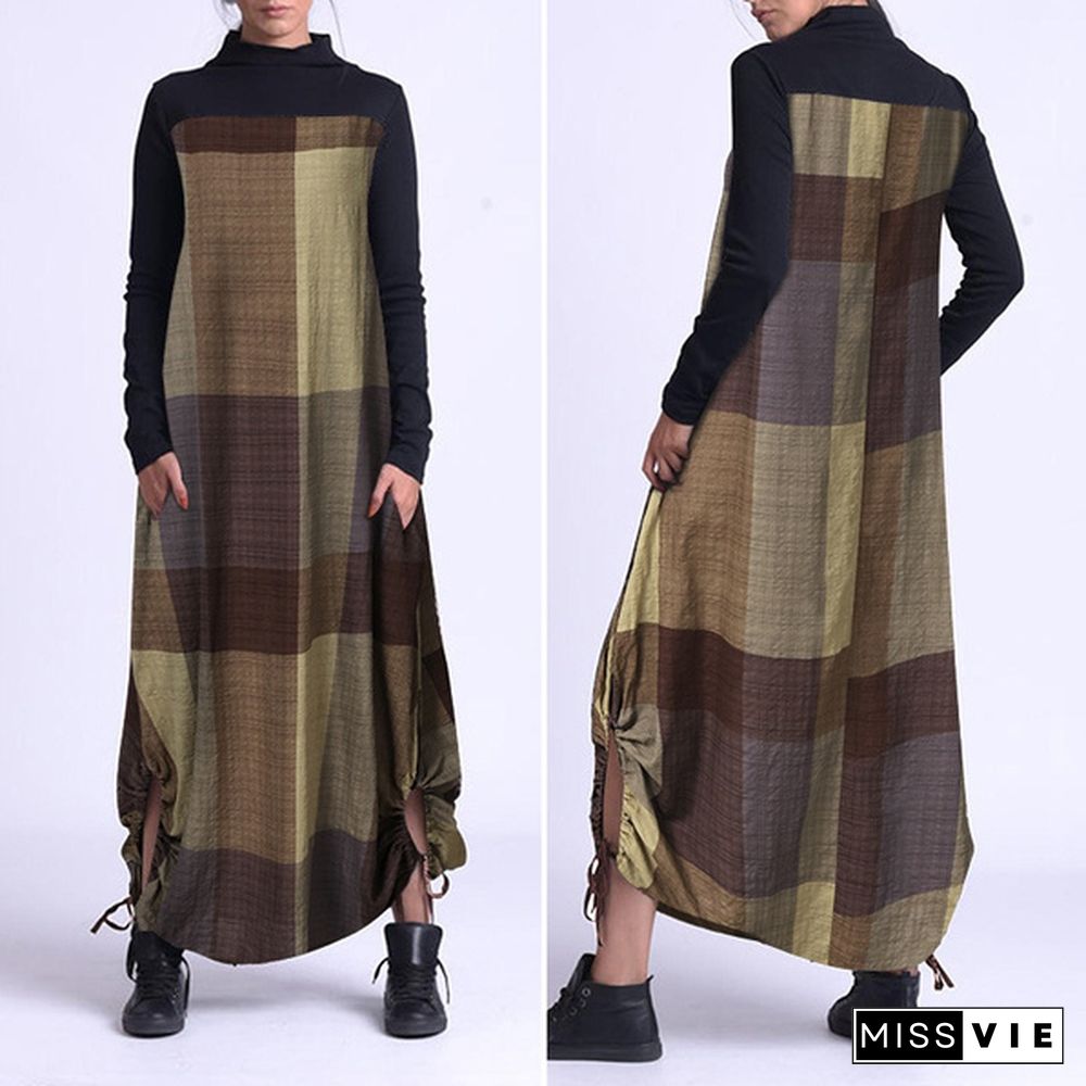 Casual Women Winter Fashion Jumper Dress Plus Size Long Sleeve Mock Neck Irregular Hem Baggy Plaid Dress Pullover Sweatshirts