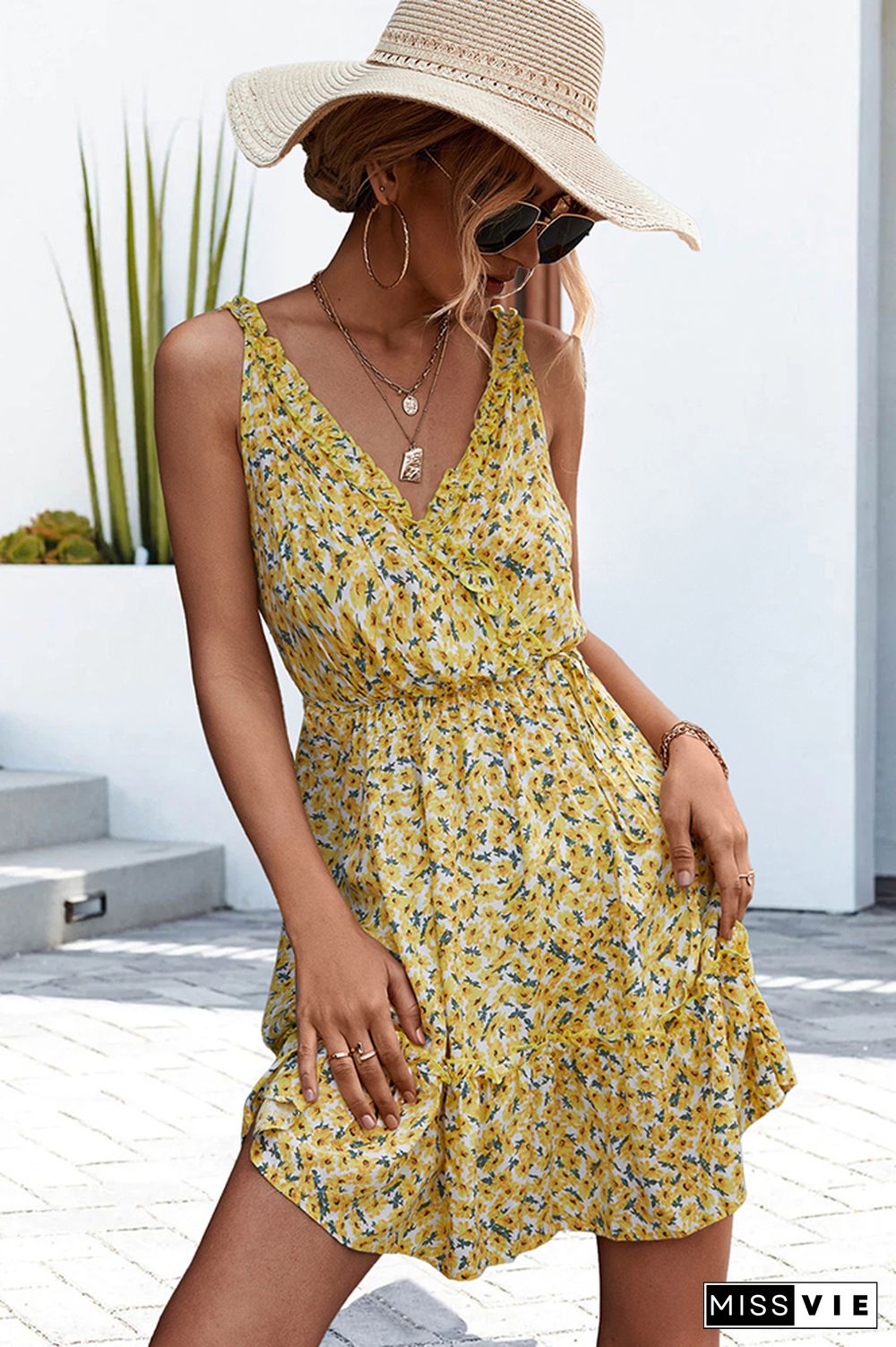 Ruffles Cami Strap V Neck Drawstring Floral Dress