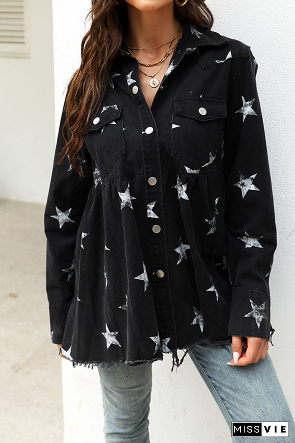 Stars Print Raw Hem Ripped Denim Jacket with Pockets Shacket Wholesale