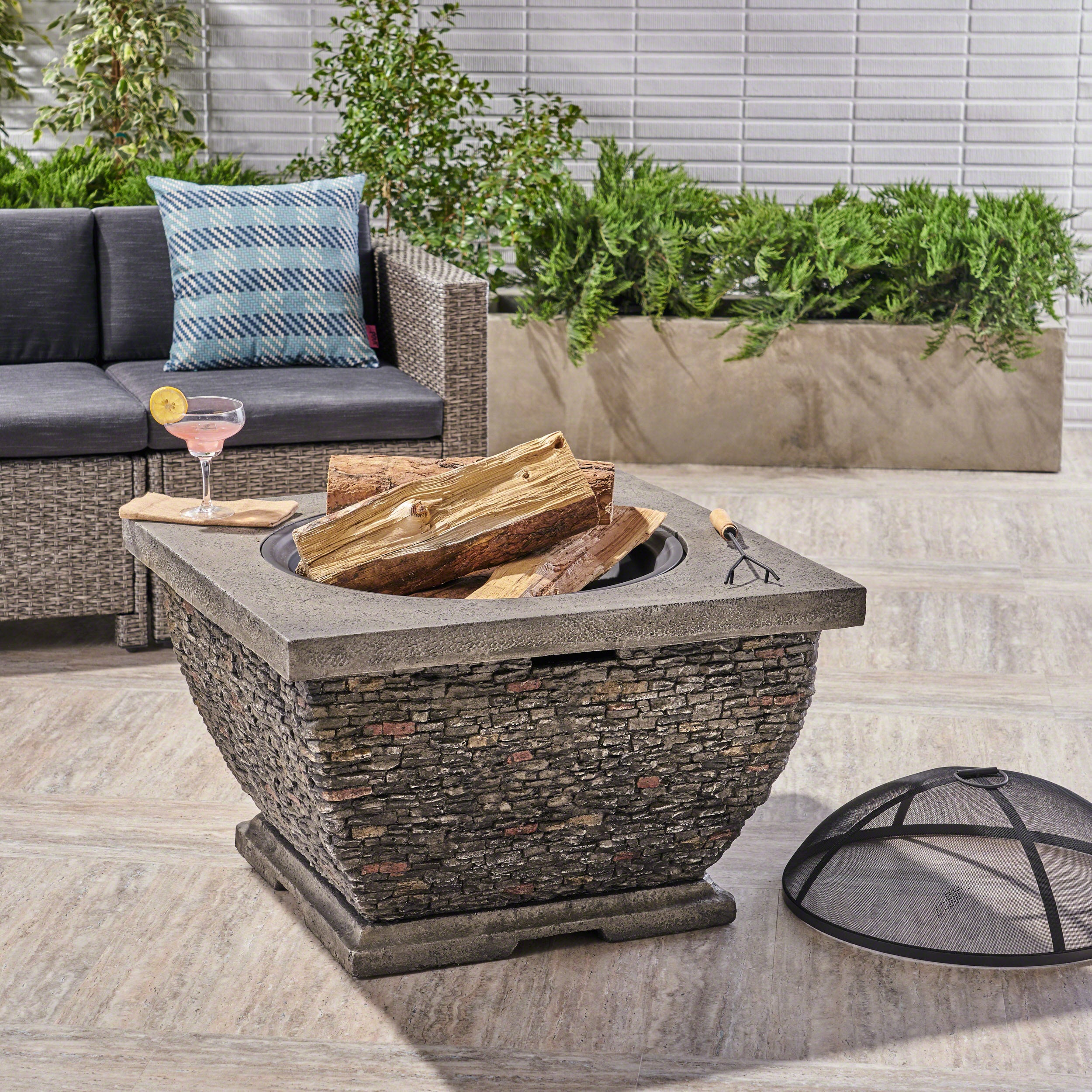 Laraine Outdoor 32-inch Wood Burning Light-Weight Concrete Square Fire Pit, Grey