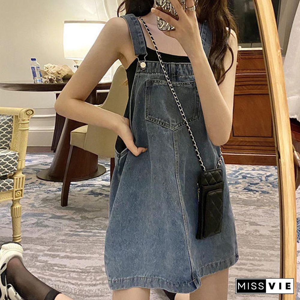 Pure Color A-line Denim Overalls Dress