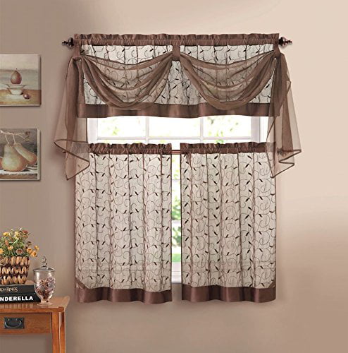 Linen Leaf 4 Piece Kitchen Curtain Set By Victoria Classics (Chocolate)