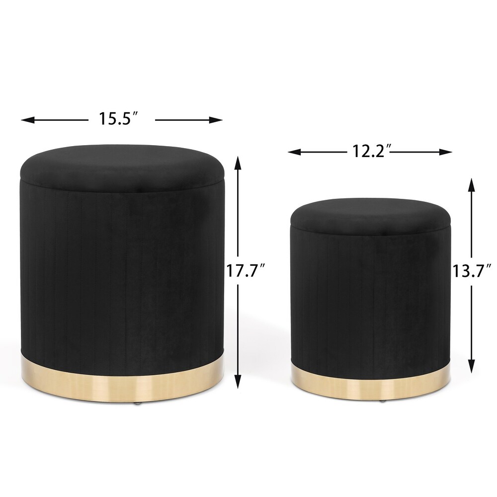 Adeco Round Velvet Storage Ottoman Vanity Stool Footstool (Pack of 2)