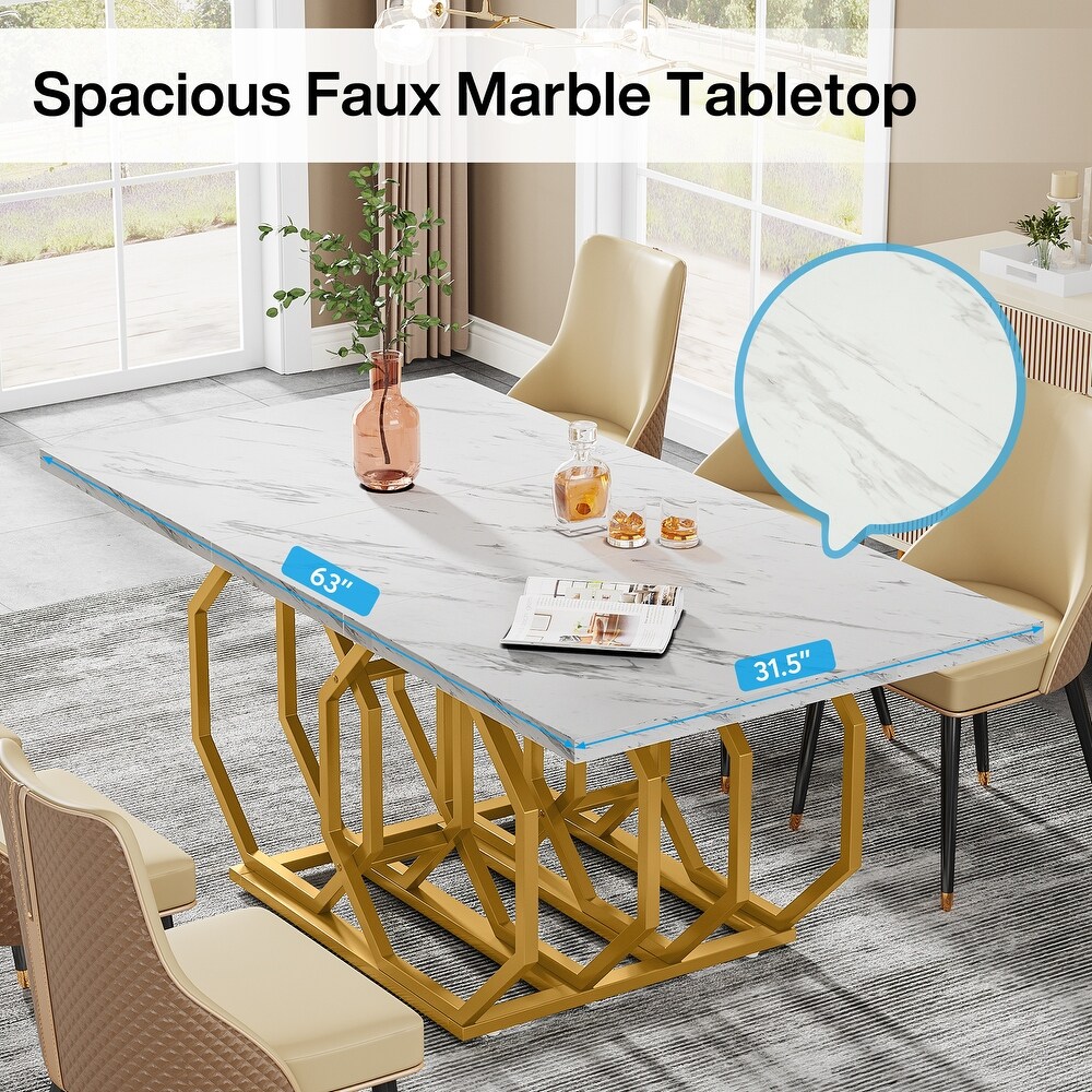 Modern Dining Table with Geometric Base for 6  63 inch Long Rectangle Kitchen Table for Home Kitchen Dining Room Living Room