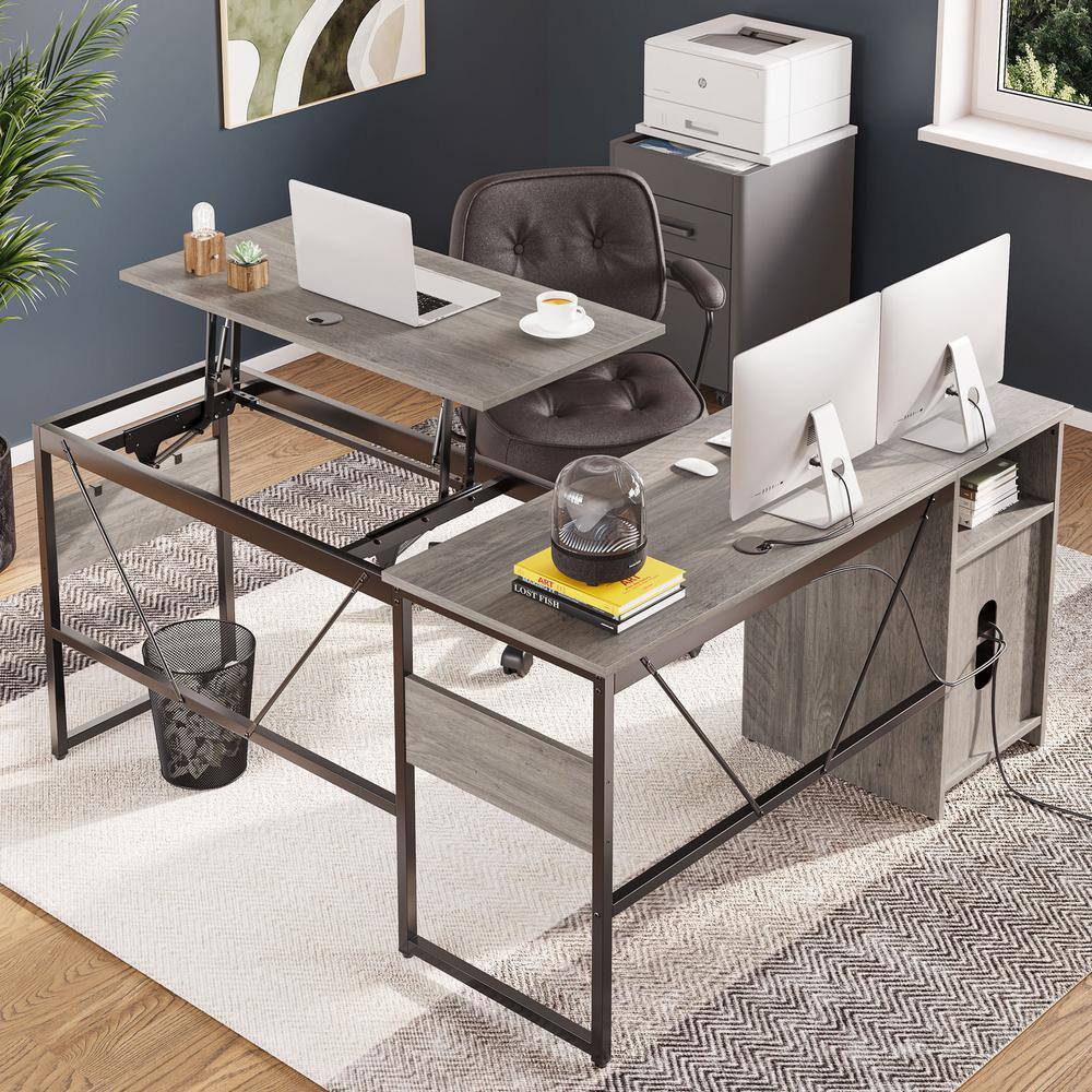 Bestier 60 in. Wash Grey Reversible L-Shaped Computer Desk With Lift-Top and Cabinet H100824B-GRYW