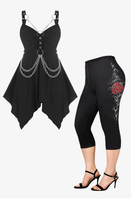 Gothic O Ring Chains Handkerchief Tank Top and Rose Leggings Plus Size Summer Outfit