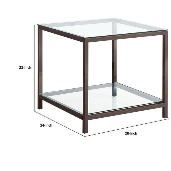 Glass Top End Table with Metal Frame and Open Shelf， Nickel