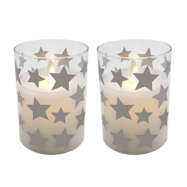 2ct Battery Operated Glass Led Candles With Moving Flame Silver Stars