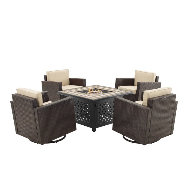 Palm Harbor 5pc Outdoor Wicker Conversation Set With Fire Table Sand Crosley