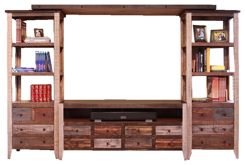 Bayshore Rustic Solid Wood Media Wall Unit  Multi Color   Rustic   Entertainment Centers And Tv Stands   by Crafters and Weavers  Houzz