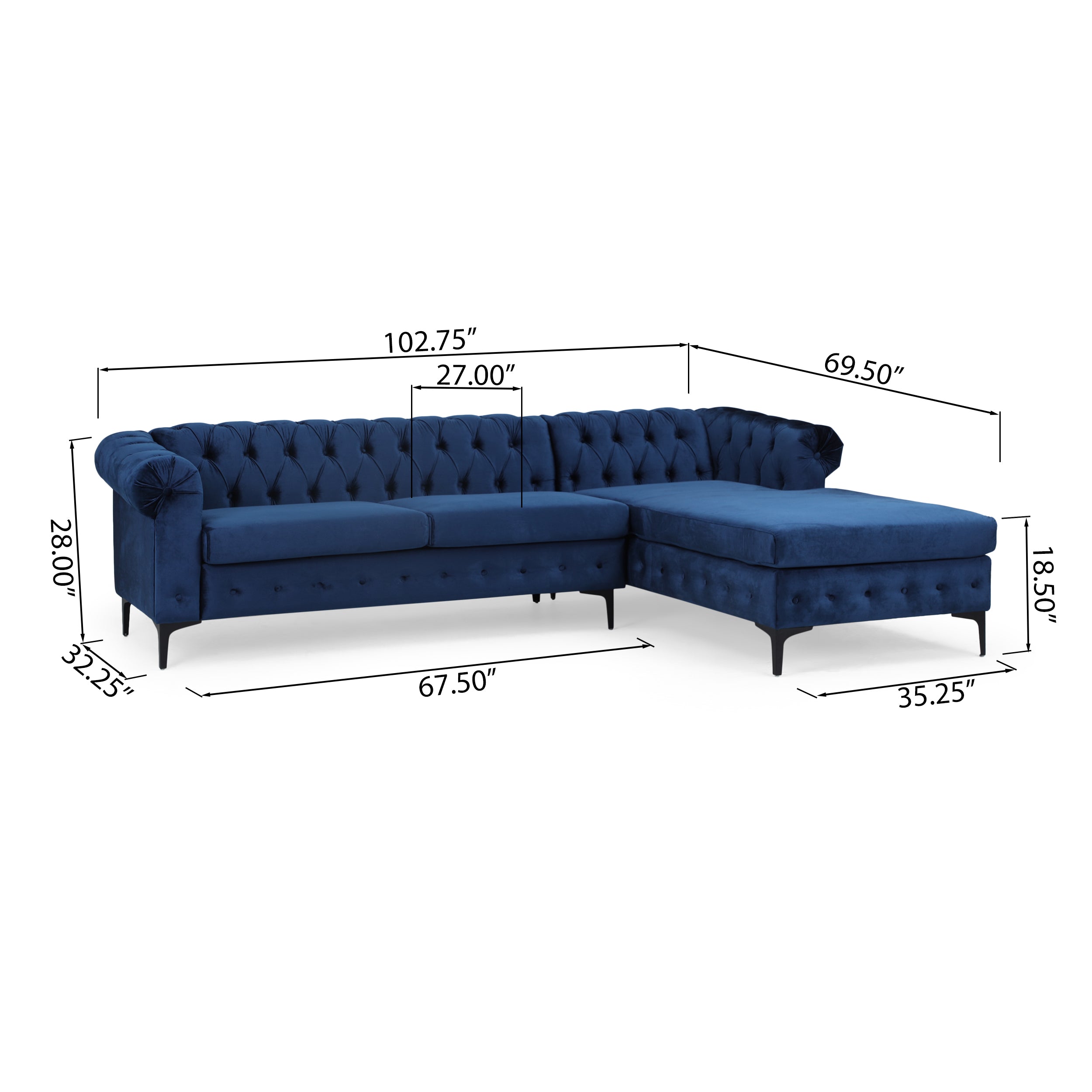 Juelz Contemporary Velvet 3 Seater Sectional Sofa with Chaise Lounge