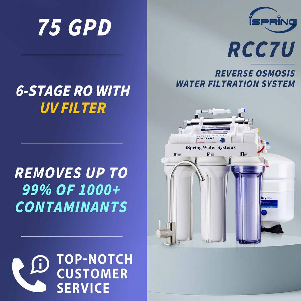 ISPRING RCC7U 6-Stage with UV Water Filter 75GPD Under Sink Reverse Osmosis Drinking Water Filtration System RCC7U