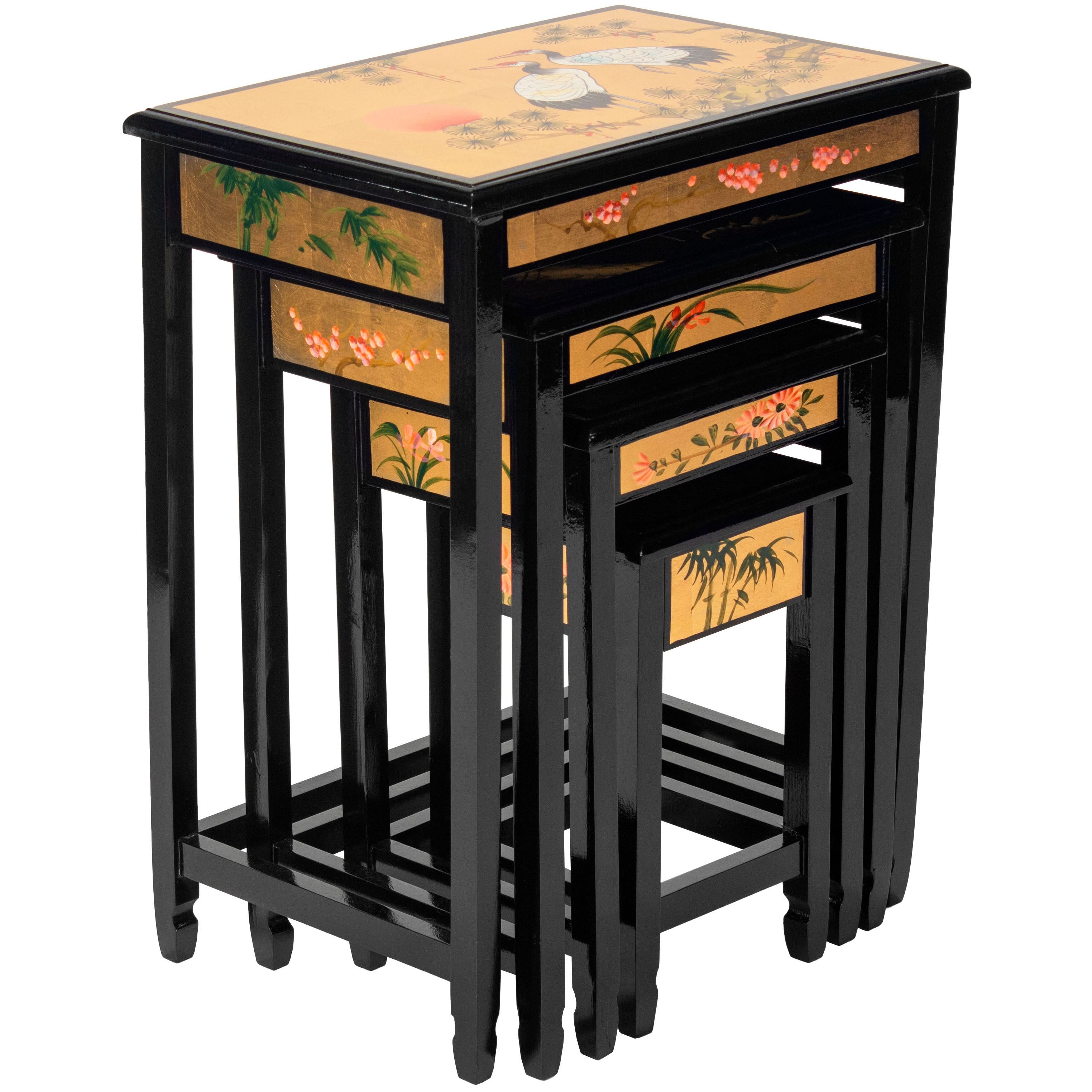 Oriental Furniture Gold Lacquer Nesting Tables - Cranes