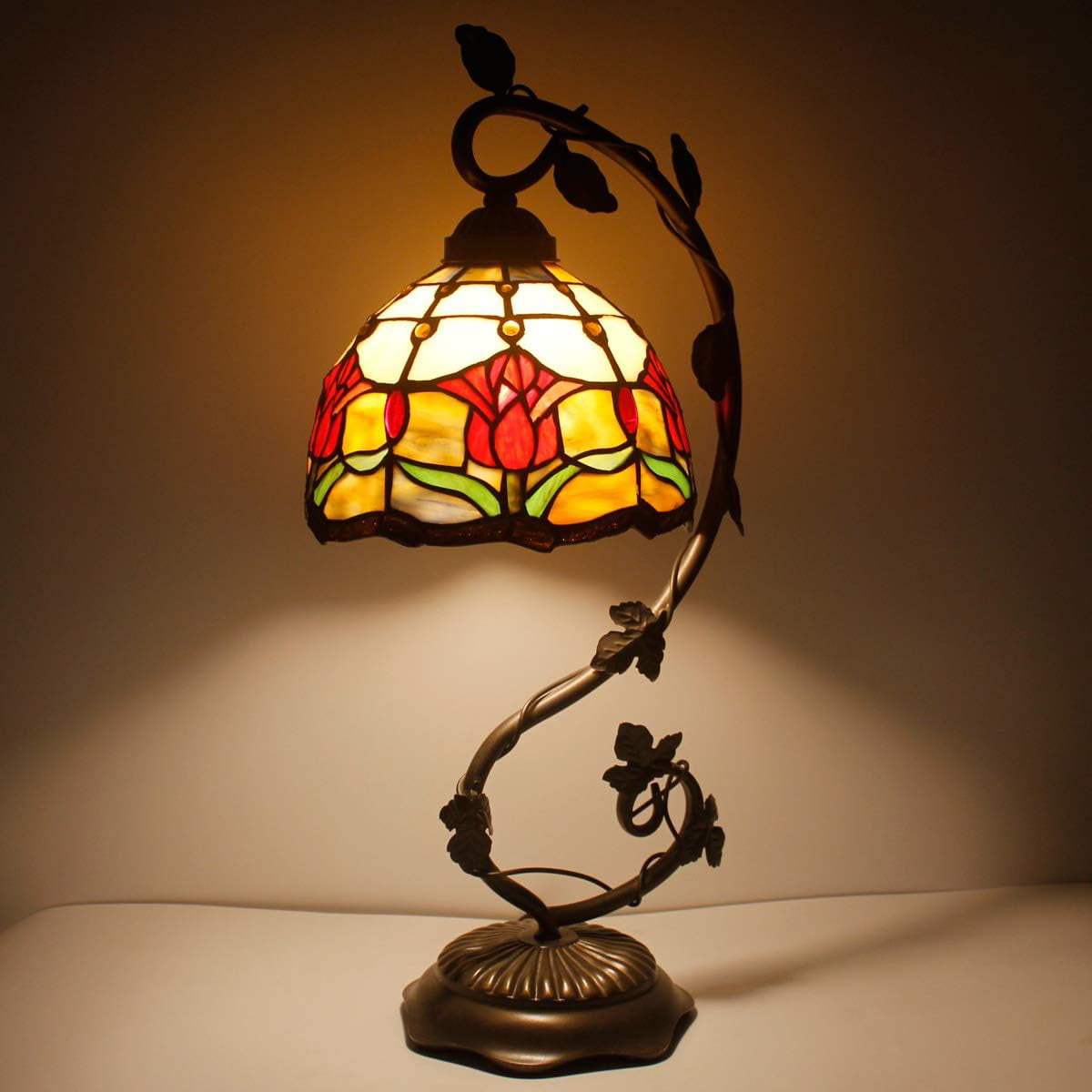 GEDUBIUBOO Tiffany Lamp Red Stained Glass Tulip Table Lamp  Metal Leaf Base 8X10X21 Inches Reading Desk Light Decor Small Space Bedroom  Office S030 Series