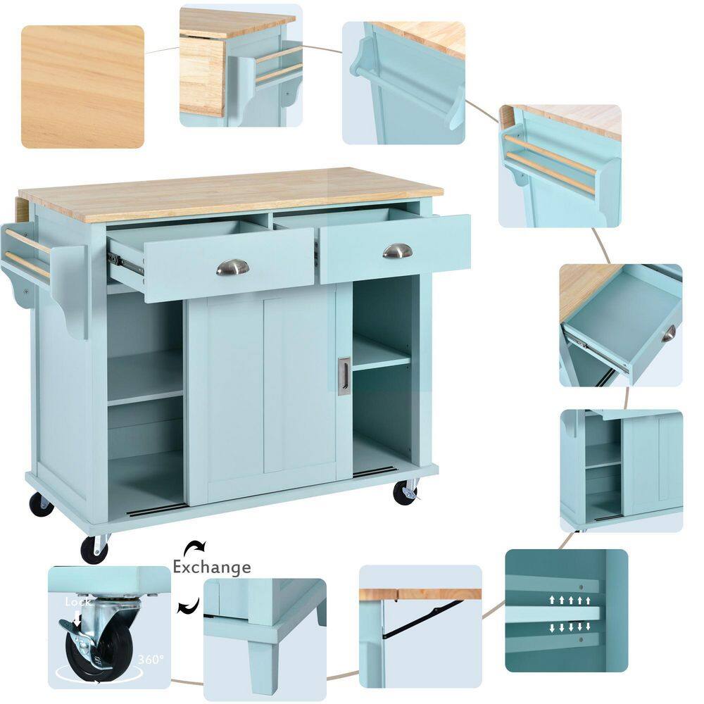 52 in. Mint Green Kitchen Cart Island with Rubber wood Drop-Leaf Countertop for Kitchen Dining Room Bathroom LH-360