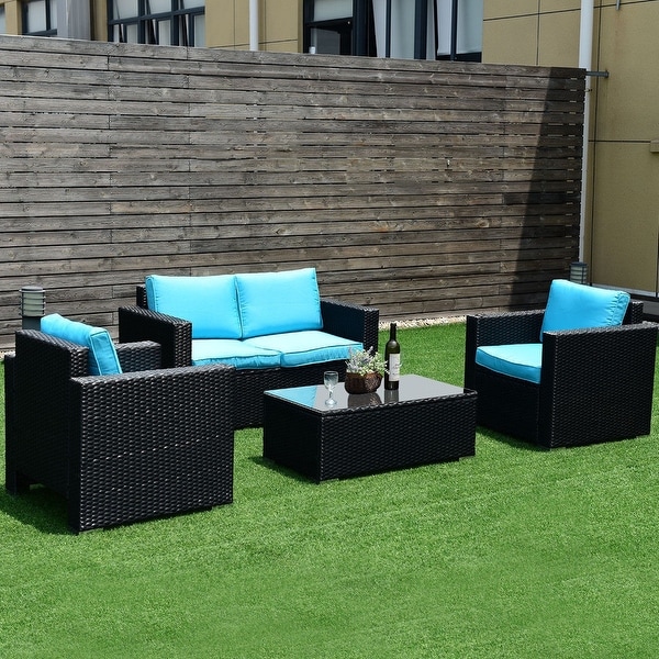 4PC Rattan Patio Furniture Set Outdoor Wicker With Blue Cushion