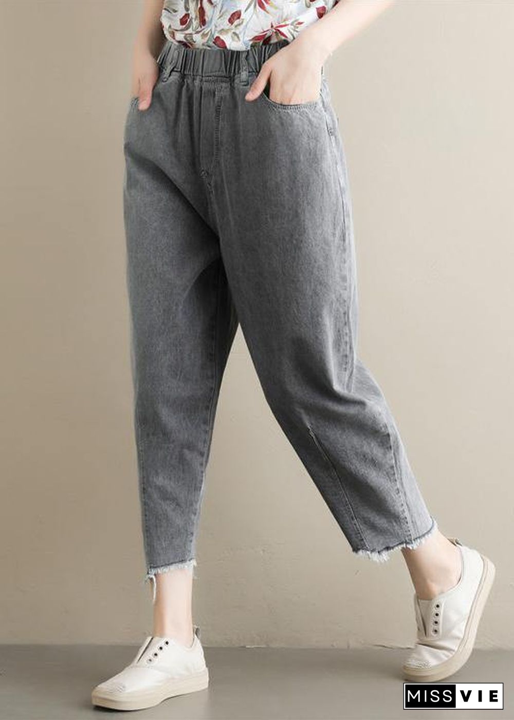 Summer new literary large size gray trousers loose elastic waist casual nine points jeans