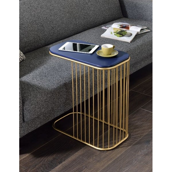 Aviena Accent Side Table with Metal Base and MDF Top， Blue and Gold Finish